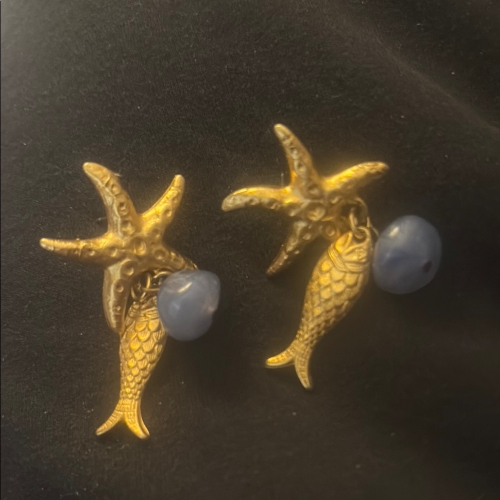 Gold Starfish and Fish Earrings with Blue Beads